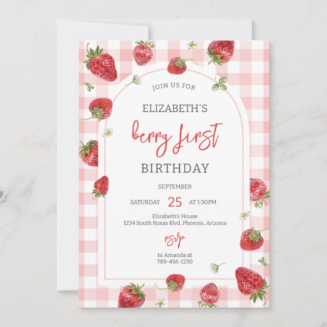 Strawberry Berry First 1st Birthday Invitation (Devant)
