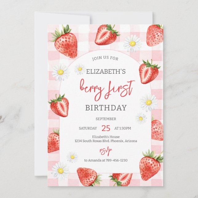 Strawberry Berry First 1st Birthday Invitation (Devant)