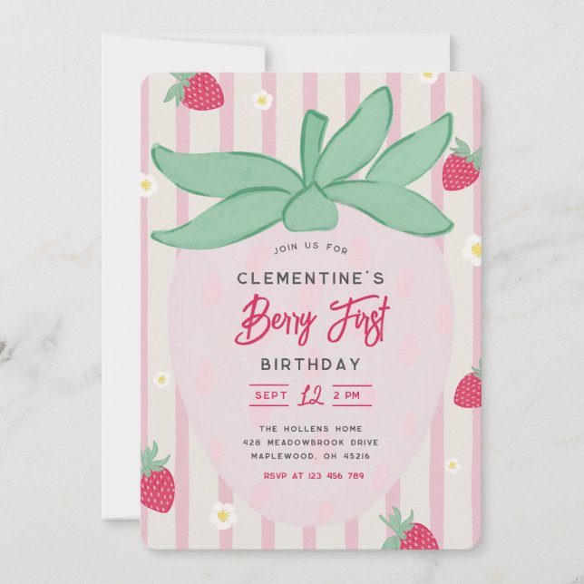 Strawberry Berry First Birthday Invitation (Devant)