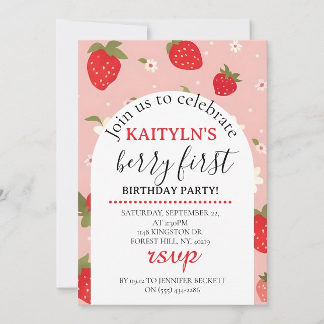 Strawberry Berry First Birthday Invitation (Devant)