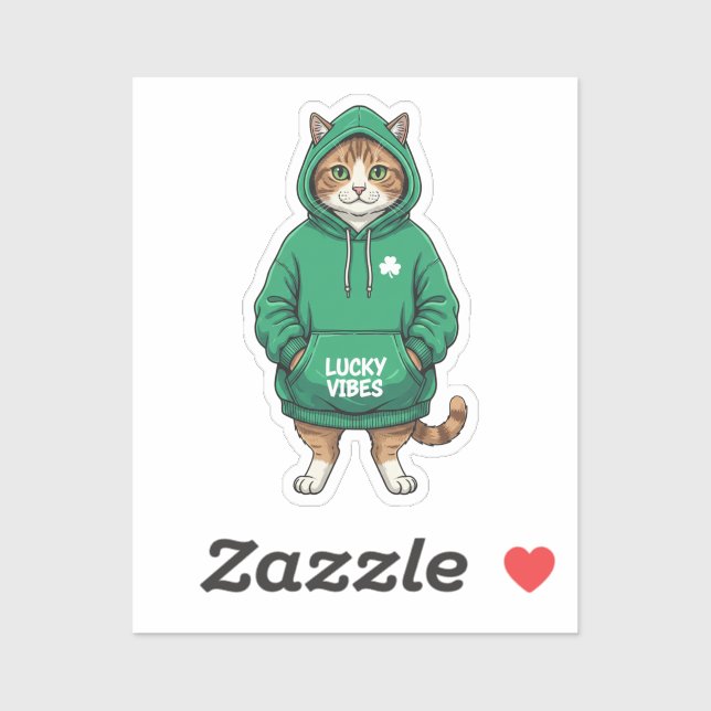 Streetwear Cat In Green Hoodie Lucky Vibes Sticker (Feuille)