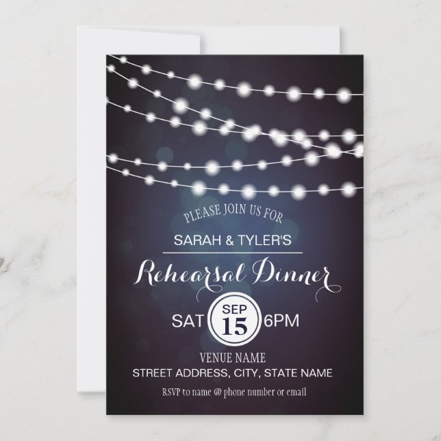 String Lights Blue Bokeh Rehearsal Invitations (Devant)