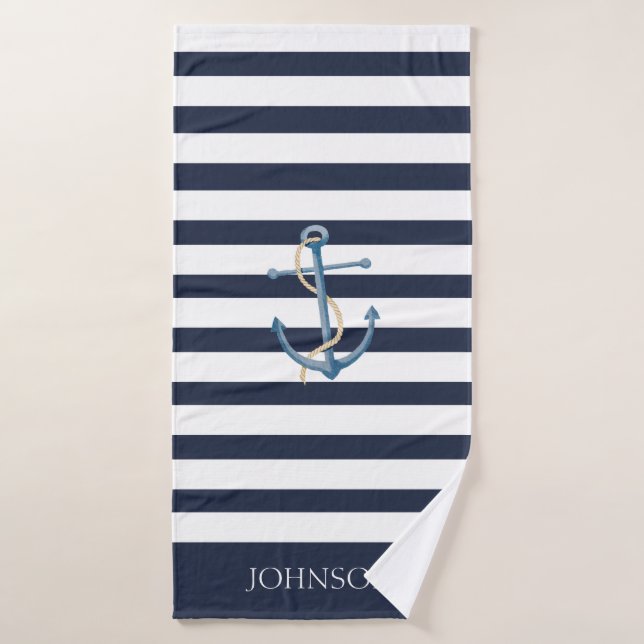 Striped Navy Anchor Nautical (Serviette de bain)