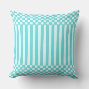 Stripes&Checker Oreiller blanc et turquoise