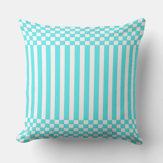 Stripes&Checker Oreiller blanc et turquoise (Recto)