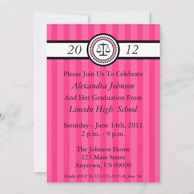 Stripes Law School Graduation Invitations Hot Pink (Devant)