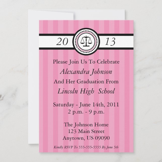 Stripes Law School Graduation Invitations (Pink) (Devant)