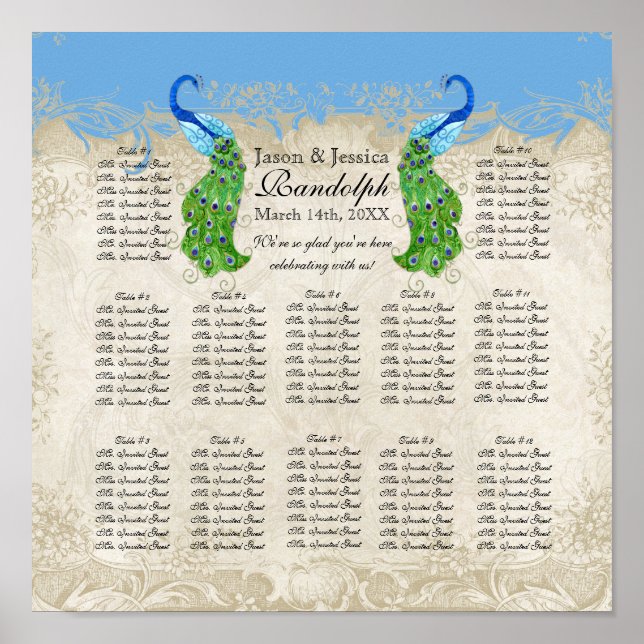 Style Art Déco Peacock Réception Carte de siège (Devant)