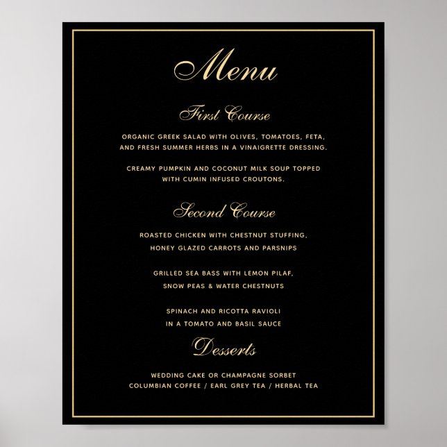 Style Black Gold 3 cours Mariage Menu Poster (Devant)