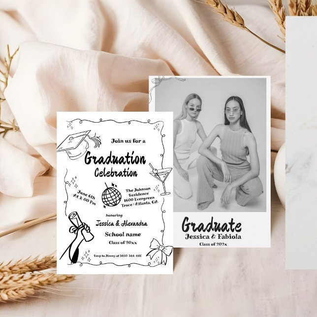 Style Doodle Main dessiné Graduation Invitation (Créateur téléchargé)