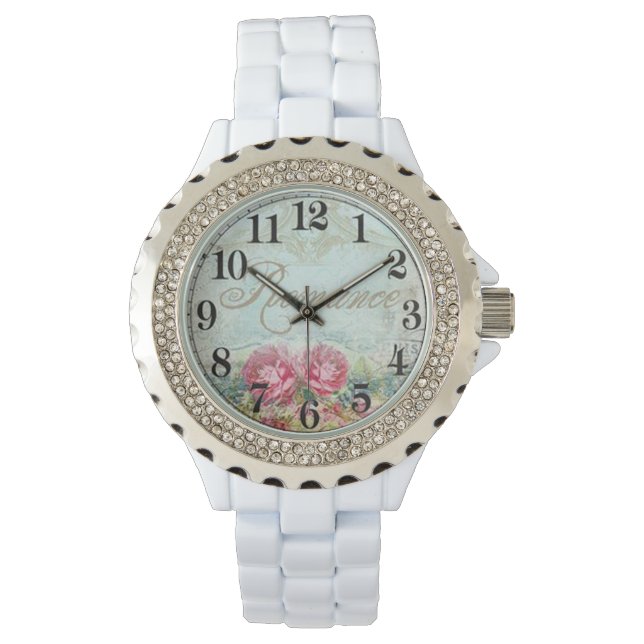 Style : Montre en émail blanc avec strass pour fem (devant)