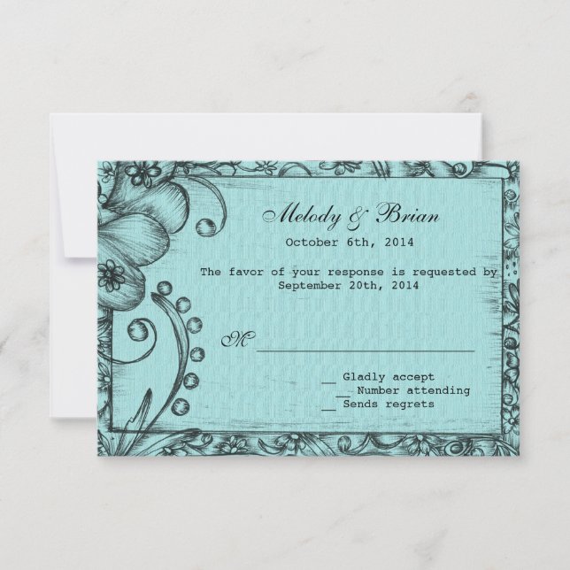 Style vintage aqua bleu mariage floral RSVP (Devant)