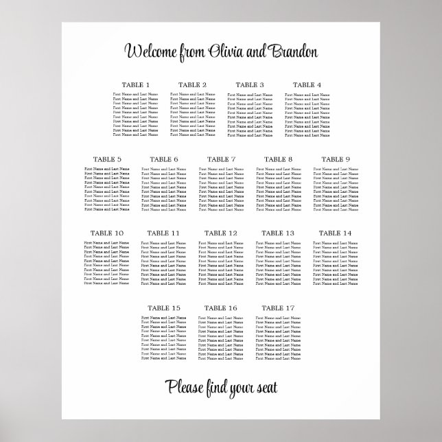 Stylish 17 Table Wedding Seating Chart Poster (Devant)