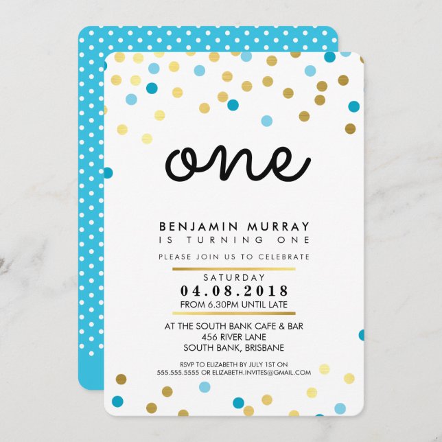 STYLISH 1ER anniversaire INVITATION bleu or garçon (Devant / Derrière)