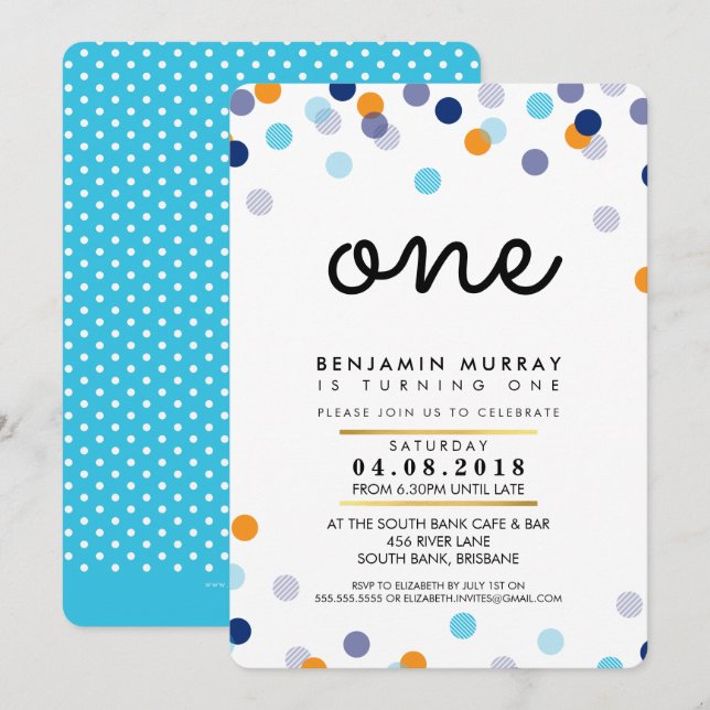 STYLISH 1ER anniversaire INVITATION bleu orange ga (Devant / Derrière)