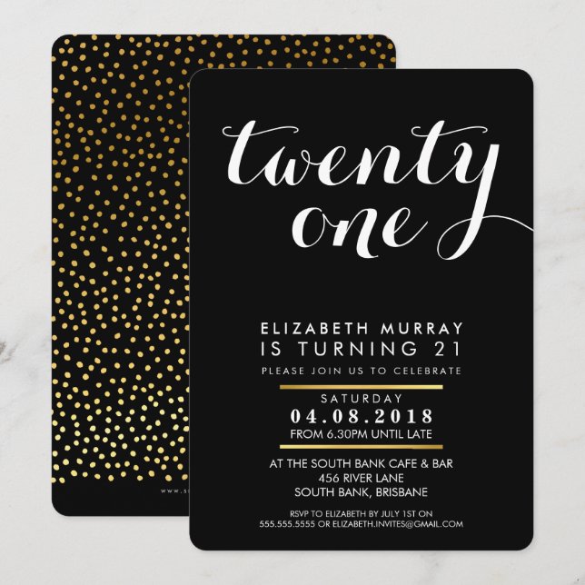 STYLISH 21e anniversaire INVITATION or blanc type (Devant / Derrière)
