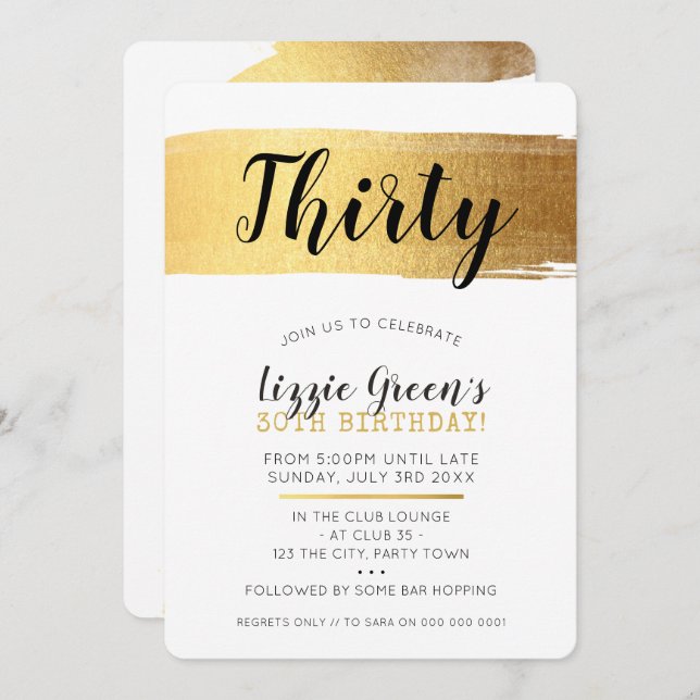 STYLISH 30E anniversaire invitation faux brush or  (Devant / Derrière)