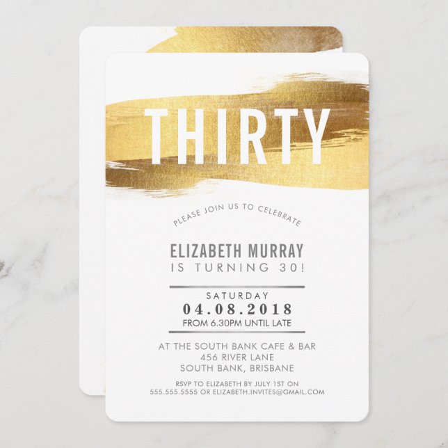 STYLISH 30E anniversaire INVITATION faux or brosse (Devant / Derrière)