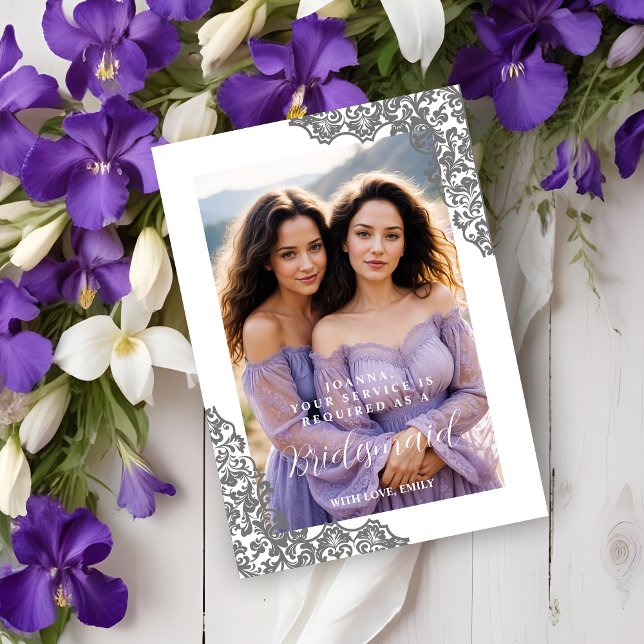 Stylish Cherish Bridesmaid Grey Lace Corner Photo (Stylish Cherish Bridesmaid Grey Lace Corner Effect Photo Wedding Proposal Cards. )