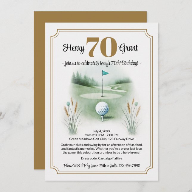 Stylish Golf 70th Birthday Invitations (Devant / Derrière)