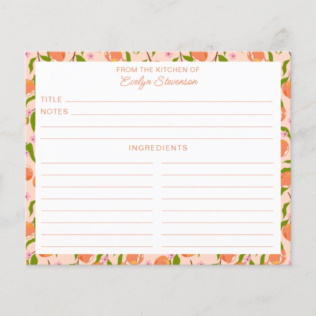 Stylish Peach Fruit Botanical Cute Recipe Card (Devant)