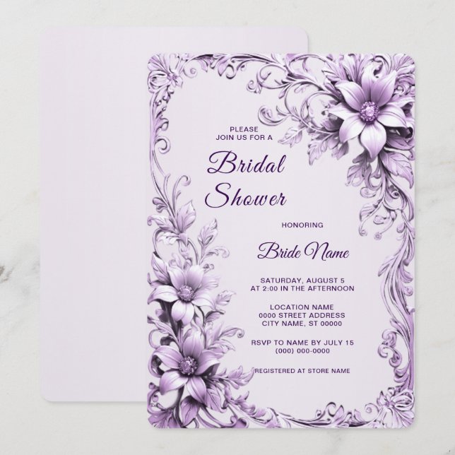Stylish Purple Flowers Bridal Shower Invitation (Devant / Derrière)