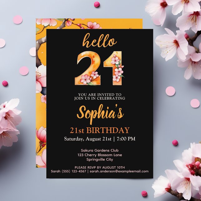 Stylish Sakura 21e anniversaire de fête Invitation (Hello 21 Chic Sakura Themed 21st Birthday Party Invitation - Elegance Meets Blossoming Beauty 🌸🎉)