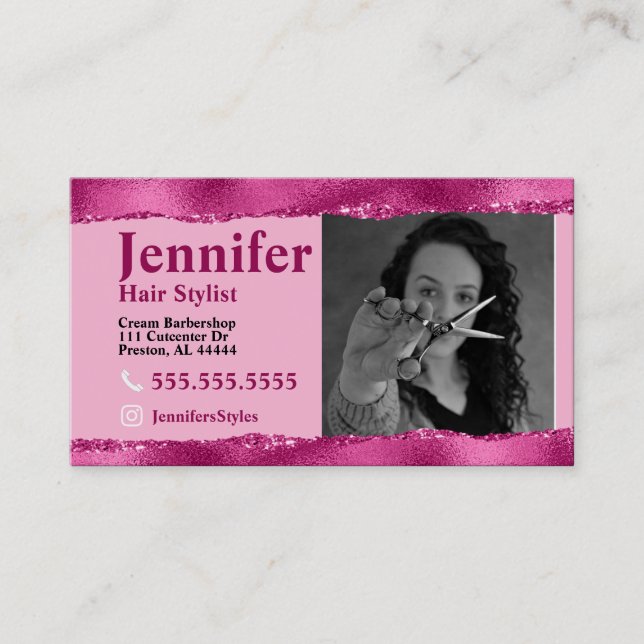 Stylist Carte de visite photo rose avec code QR (Devant)