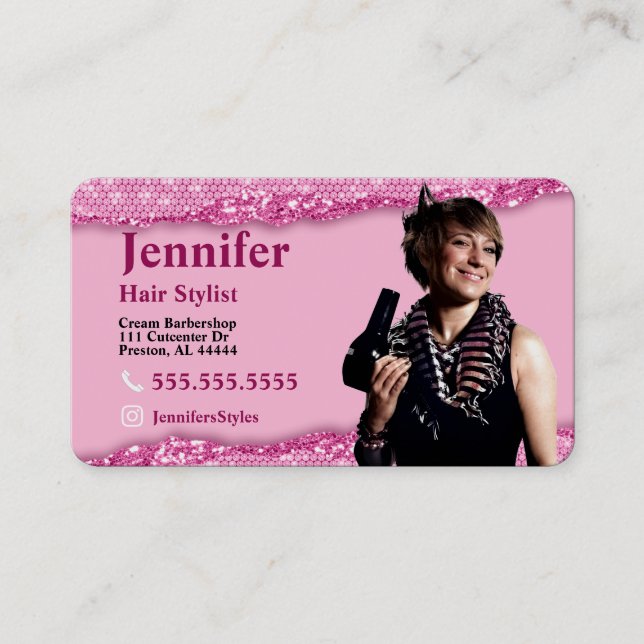 Stylist Carte de visite photo rose avec code QR (Devant)