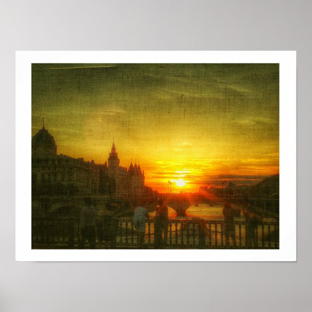 Stylized Paris Sunset Seine Bridge France Poster (Devant)