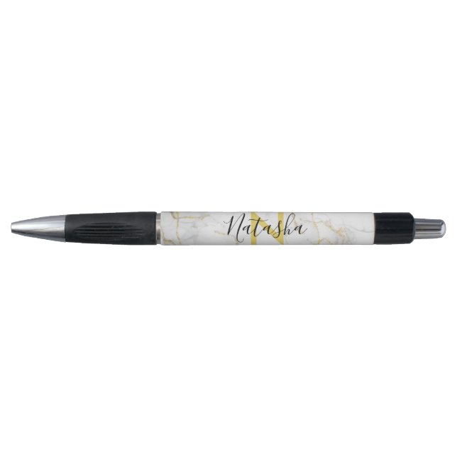 Stylo à monogramme en agate pailletée or blanc écr (Devant)