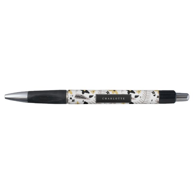 Stylo Abstrait noir gris jaune Floral Nom personnalisé (Devant)