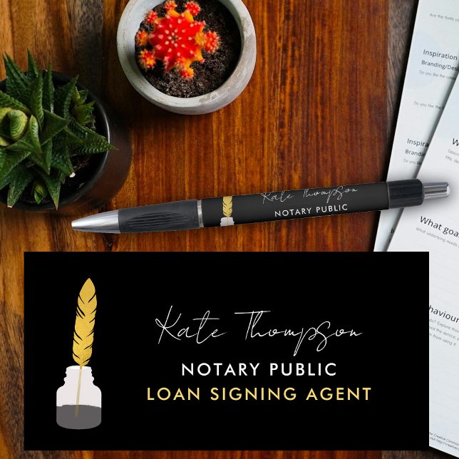Stylo Agent de signature notarial Plume noire or (Notary Signing Agent Feather Quill Black Gold Pen)