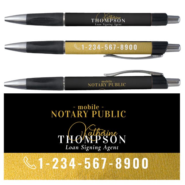 Stylo Agent de signature notarié numéro de téléphone or  (Notary Signing Agent Gold Black Phone Number Pen)