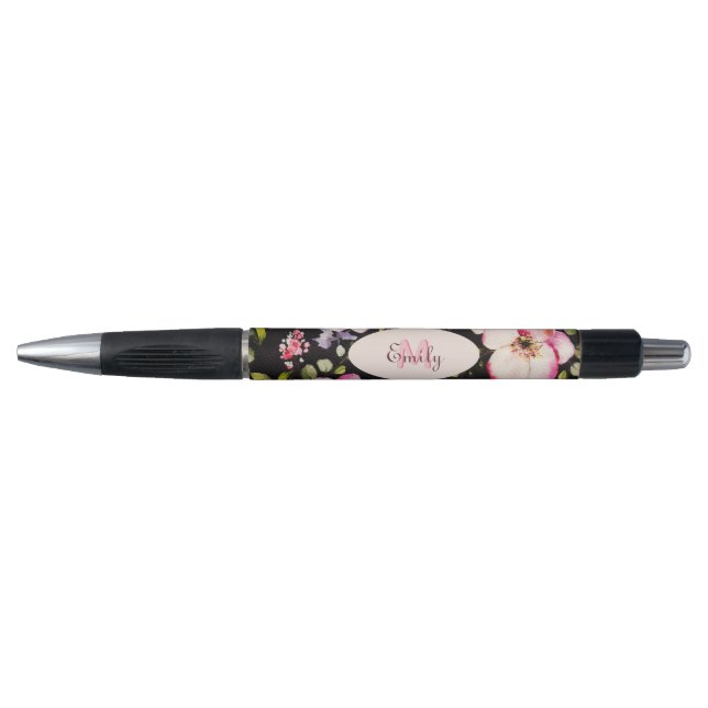 Stylo Aquarelle rose Roses jaunes sur noir, Monogramme (Devant)