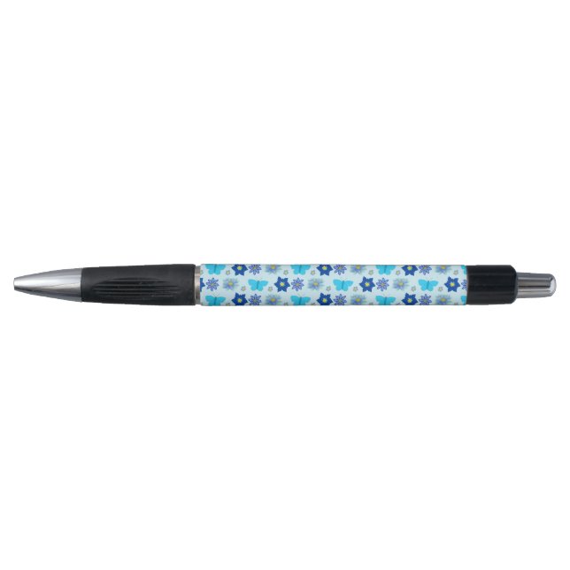 Stylo Bébé bleu Papillons et fleurs à motifs (Devant)