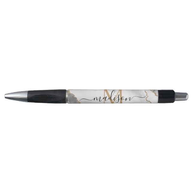 Stylo Blanc Chic Monogramme Script Nom Paillettes Or Aga (Devant)
