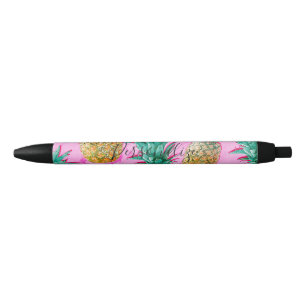 Stylo Bleu Ananas Tropicaux & Marbre Rose Moderne Coloré