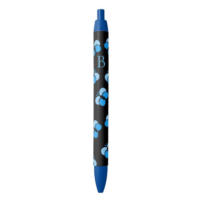 Stylo Bleu Cute Bubbly Blue Butterflies Monogram (devant Vertical)
