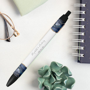 Stylo Bleu Élégant Cadeau de Mariage Agate Bleu Or
