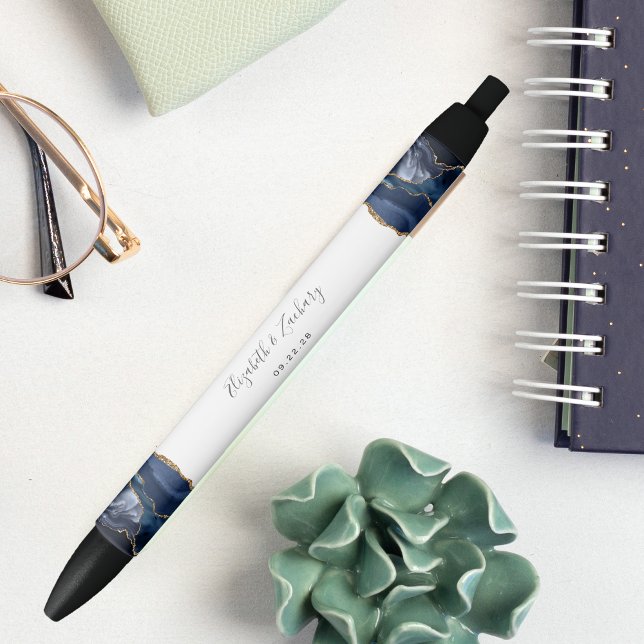 Stylo Bleu Élégant Cadeau de Mariage Agate Bleu Or (Créateur téléchargé)