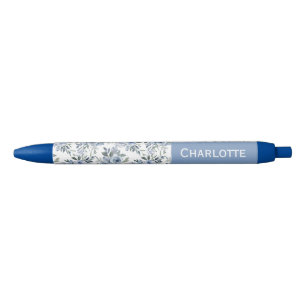 Stylo Bleu Fleurs bleues à l'aquarelle Nom personnalisé 