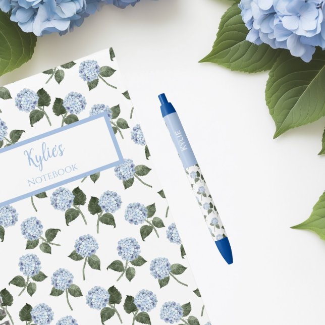 Stylo Bleu Fleurs d'Hydrangea Bleu Nom Personnalisé  (Blue Hydrangea Pen)