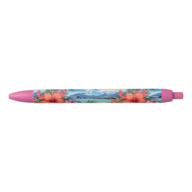 Stylo Bleu Fleurs tropicales colorées et paysage (Devant)