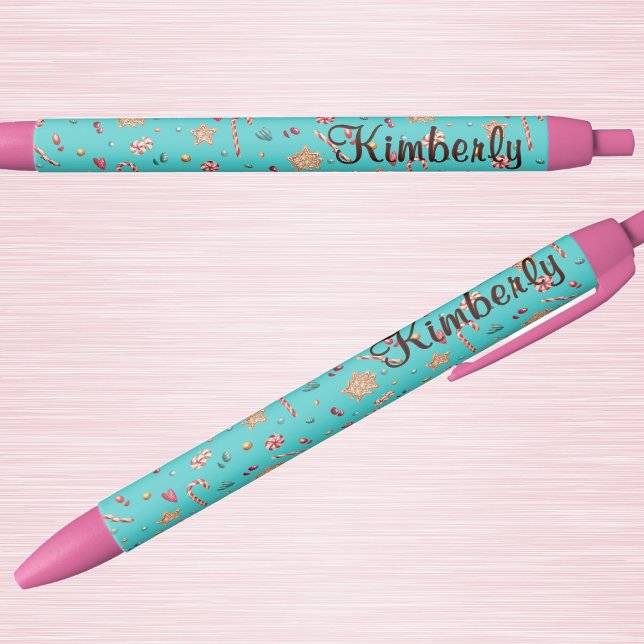 Stylo Bleu Nom || Motif de bonbons de vacances turquoise mign (Créateur téléchargé)
