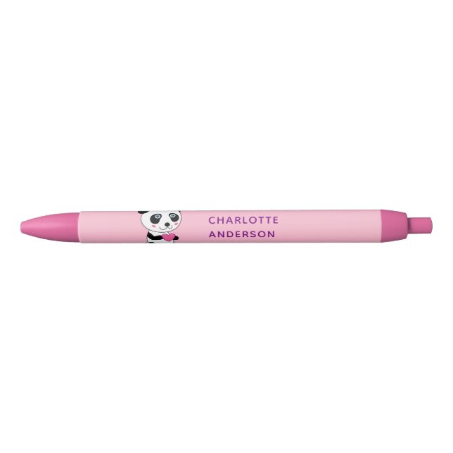 Stylo Bleu Panda mignonne avec un coeur rose Nom personnalisé (Devant)