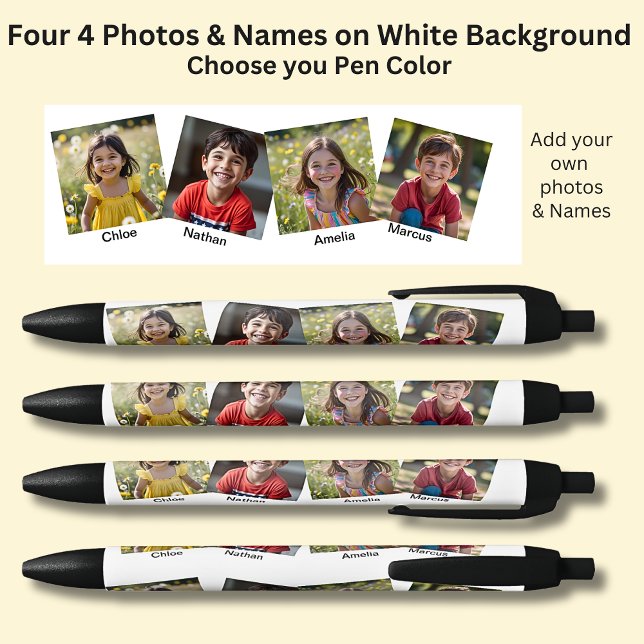 Stylo Bleu Quatre photos et noms de 4 Carrés, en blanc sur no (Créateur téléchargé)