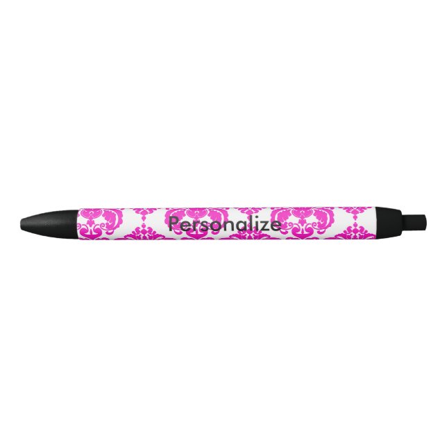 Stylo Bleu Rose Chaude & Blanc Damassé Élégant Personnalisé C (Devant)