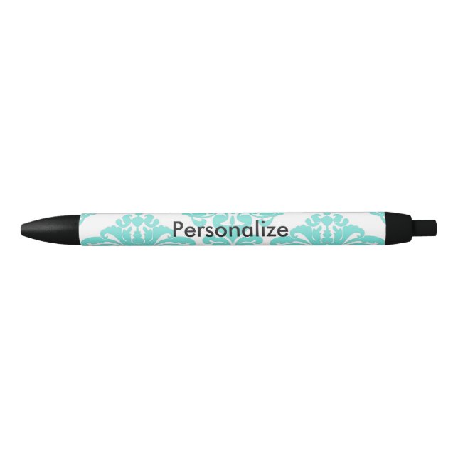 Stylo Bleu Turquoise & noir Damask Elegant Personnalisé Chic (Devant)
