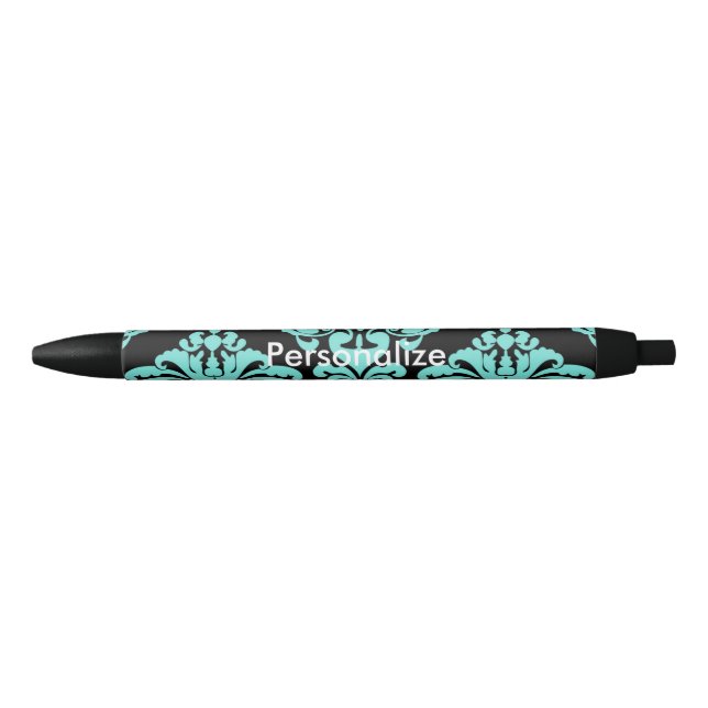 Stylo Bleu Turquoise & noir Damask Elegant Personnalisé Chic (Devant)
